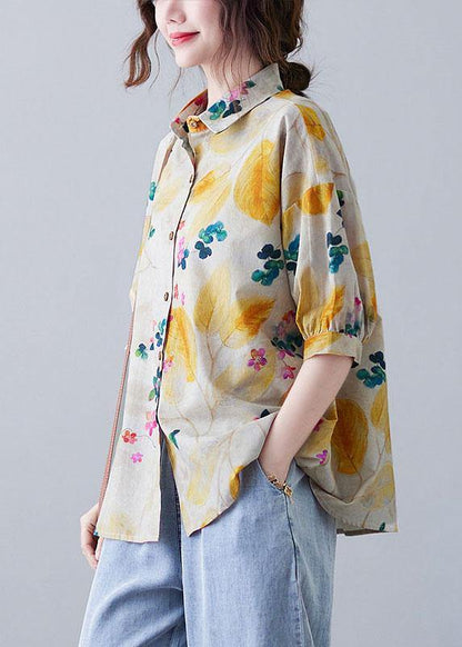 Print Peter Pan Collar Button Cotton Top Summer