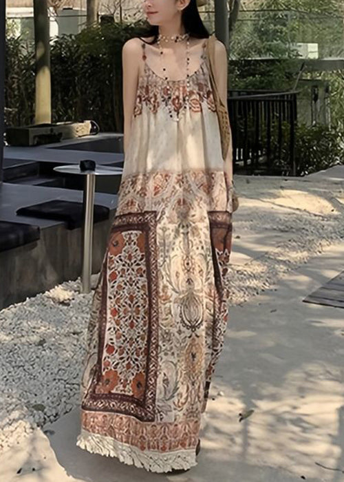Print Tasseled Pockets Patchwork Cotton Spaghetti Strap Dress Sleeveless
