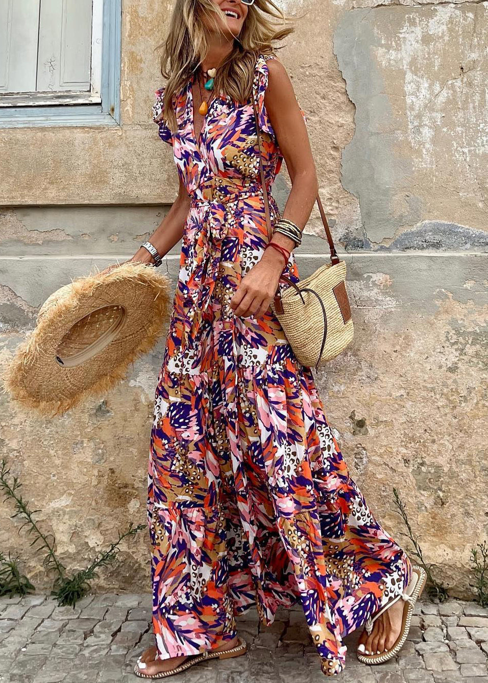 Print Tie Waist Cotton Long Dress Sleeveless