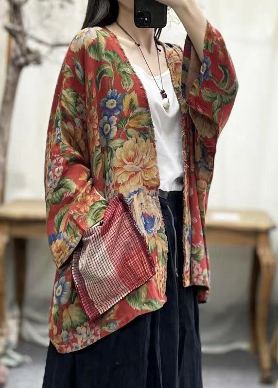 Print V Neck Pockets Cotton Cardigans Batwing Sleeve