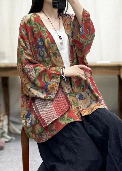 Print V Neck Pockets Cotton Cardigans Batwing Sleeve