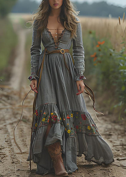 Print Wrinkled Patchwork Cotton Long Dresses Spring