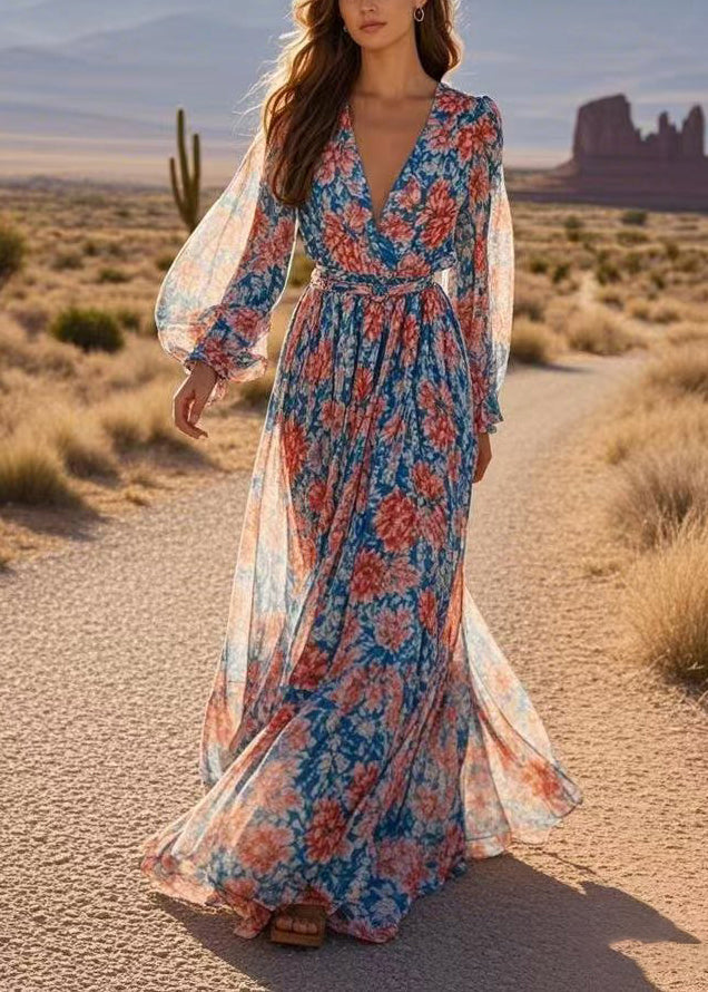 Print Wrinkled Tunic Chiffon Maxi Dresses Spring