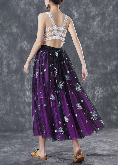Purple Dandelion Embroideried Wear on Both Sides Tulle Skirt Summer
