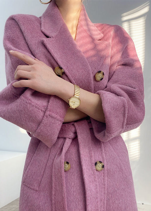 Purple Double Breast Tie Waist Woolen Coats Winter