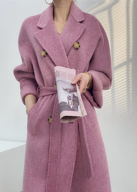 Purple Double Breast Tie Waist Woolen Coats Winter