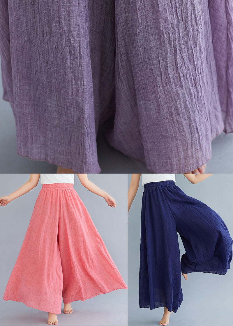 Purple Elastic Waist Linen Wide Leg Pants Summer