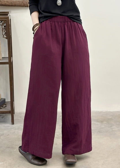 Purple Elastic Waist Pockets Linen Pants Summer