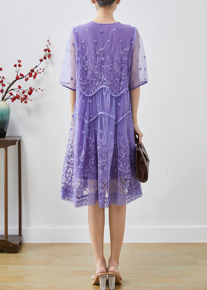 Purple Embroidered Tulle Party Dress Summer