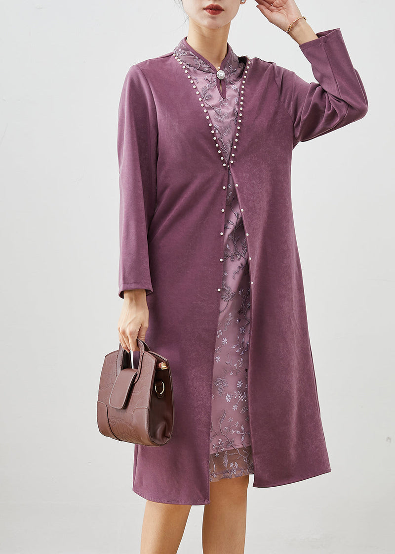 Purple Embroidered Patchwork Silk Fake Two Piece Dress Fall