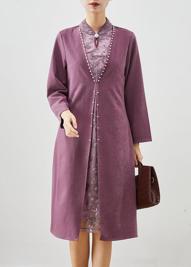 Purple Embroidered Patchwork Silk Fake Two Piece Dress Fall