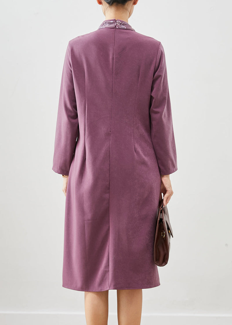 Purple Embroidered Patchwork Silk Fake Two Piece Dress Fall