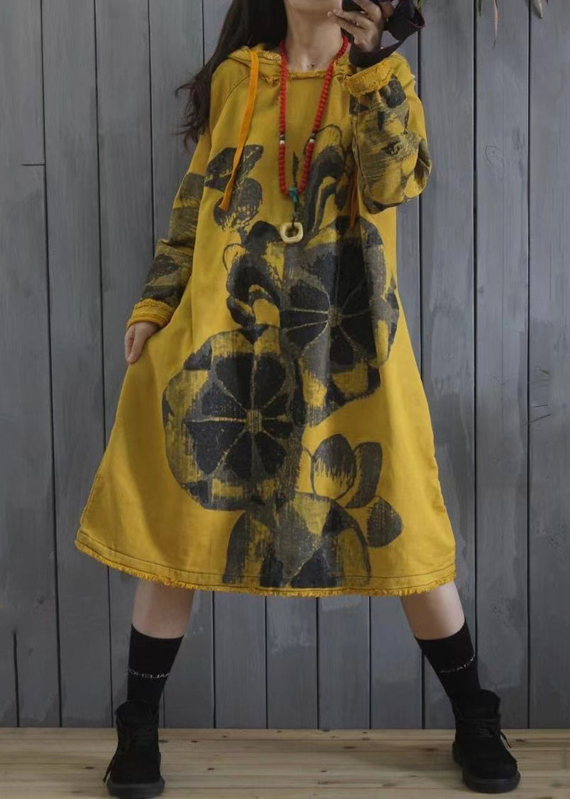 Purple Hooded Print Patchwork Cotton Dress Spring