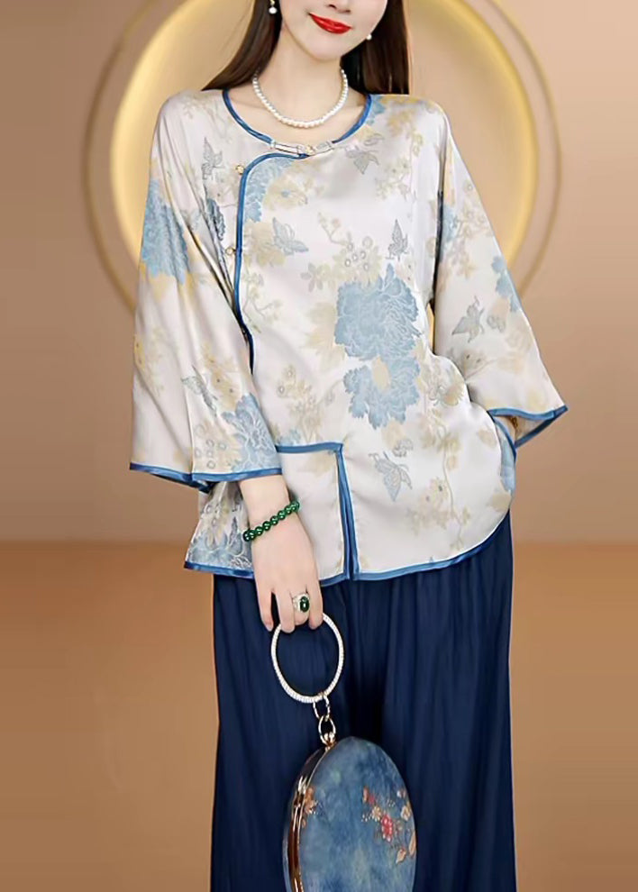 Purple O-neck Jacquard Button Silk Top Fall