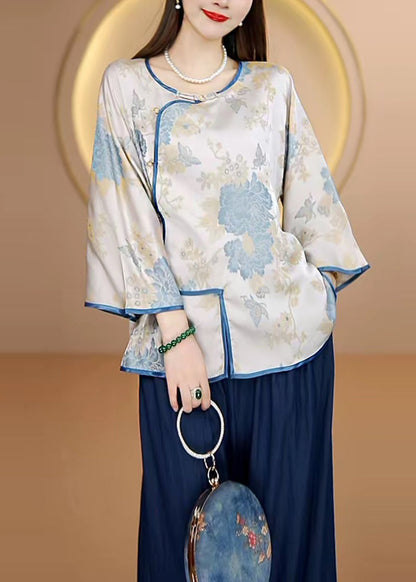 Purple O-neck Jacquard Button Silk Top Fall