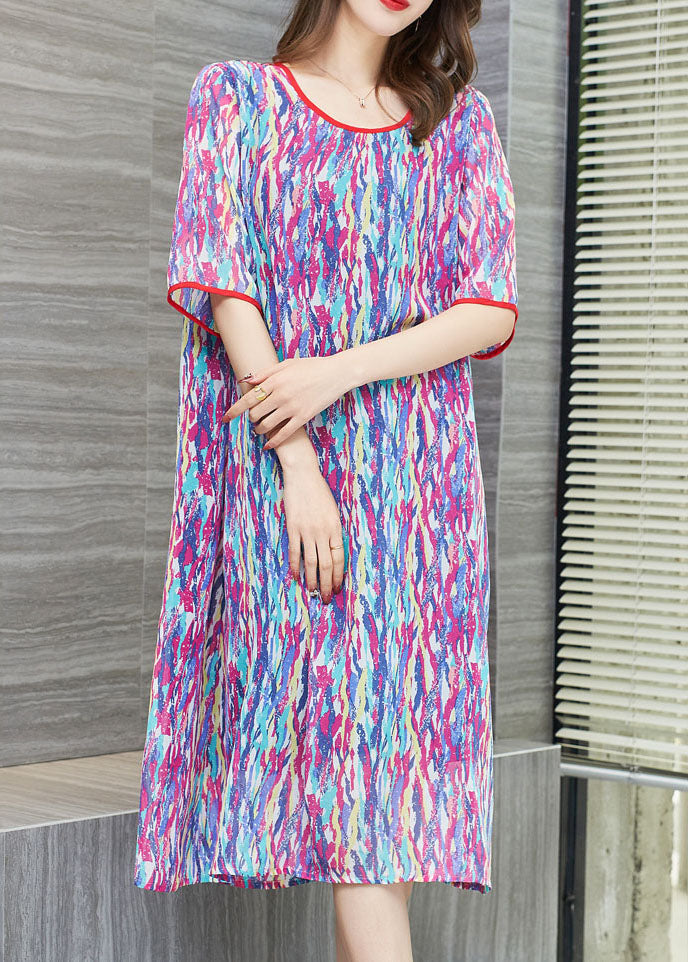Purple O Neck Print Patchwork Chiffon Dresses Summer
