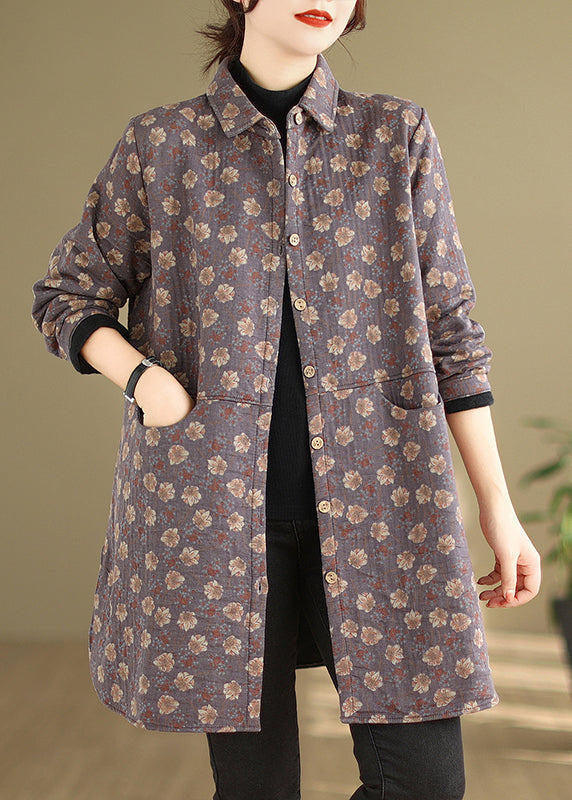 Purple Peter Pan Collar Pockets Print Warm Fleece Coat Winter