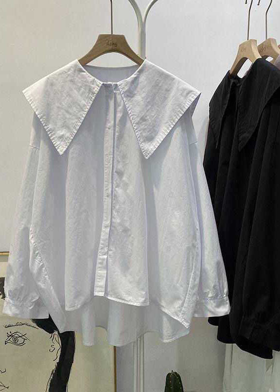 Print1 Peter Pan Collar Button Asymmetrical Design Fall Long Sleeve Top