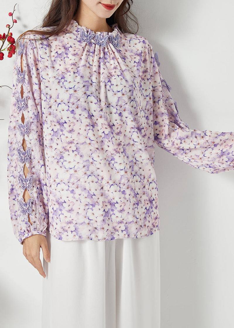Purple Print Hollow Out Chiffon Blouses Spring