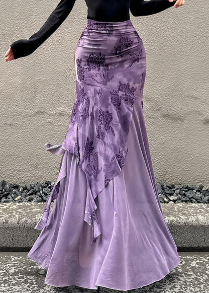 Purple Print Patchwork Tulle Wraped Skirts Spring