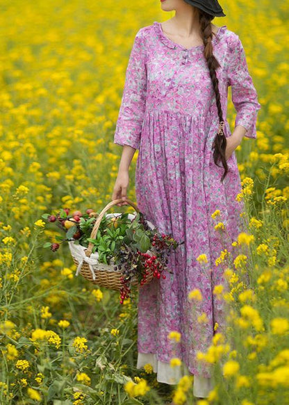 Purple Print Quilting Dresses O Neck Ruffles Maxi Summer Dress
