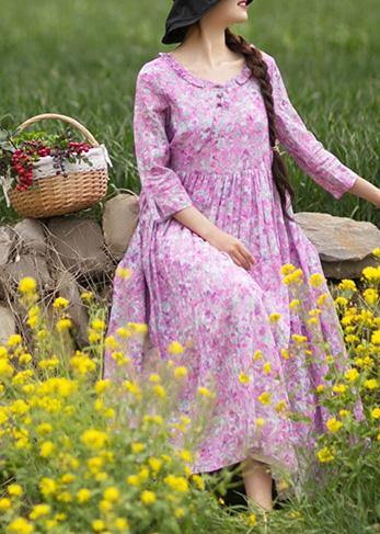 Purple Print Quilting Dresses O Neck Ruffles Maxi Summer Dress