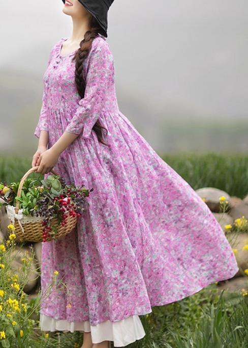 Purple Print Quilting Dresses O Neck Ruffles Maxi Summer Dress
