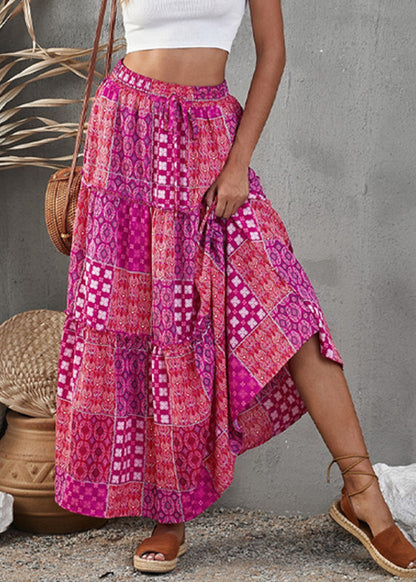 Purple Print Ruffled Patchwork a Line Skirt