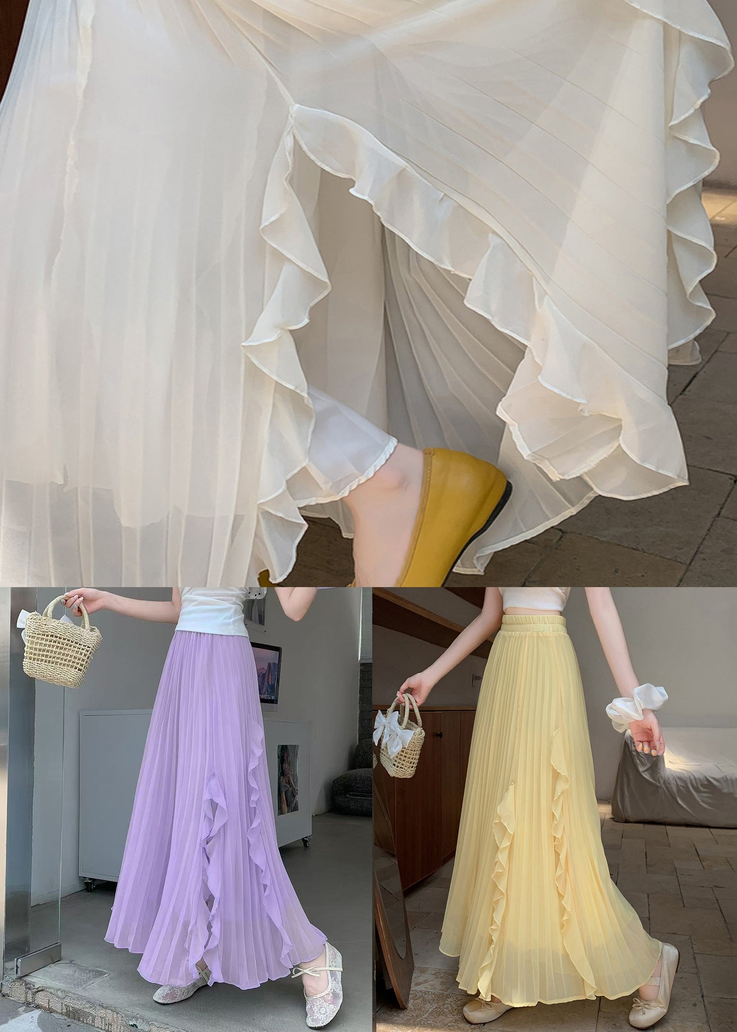 Purple Ruffled Elastic Waist Chiffon Skirts Summer