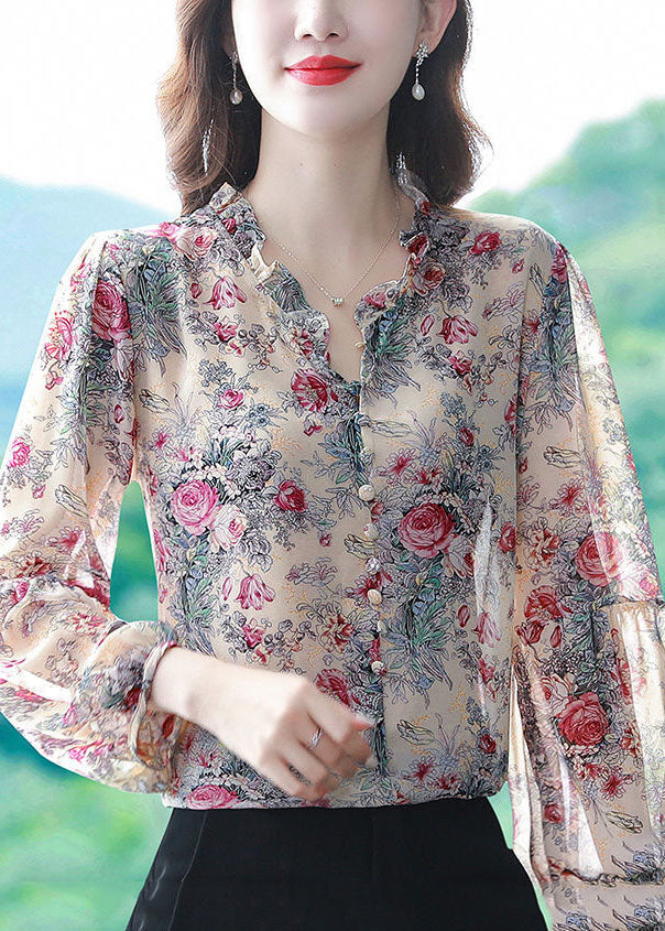 Purple Ruffled Print Chiffon Shirts Spring