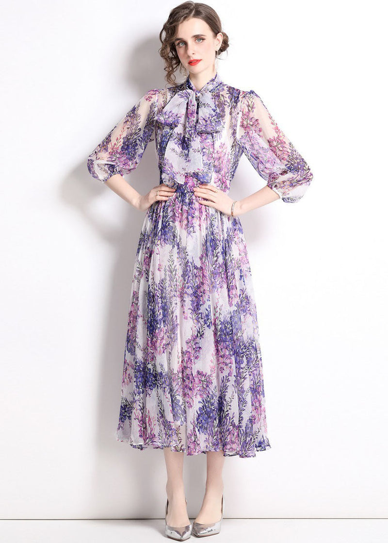 Purple Stand Collar Print Chiffon Long Dress Bracelet Sleeve