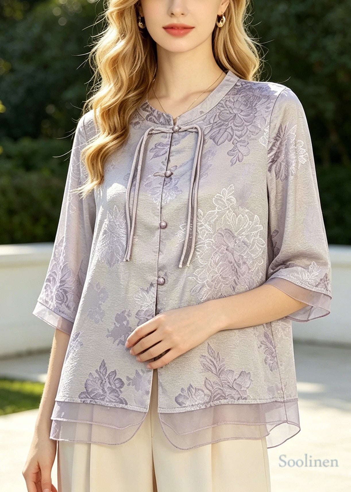 Purple Tasseled Jacquard Silk Blouse Top Summer