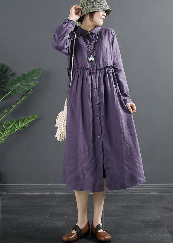Purple Tunic Pattern Lapel Ruffles Long Dress