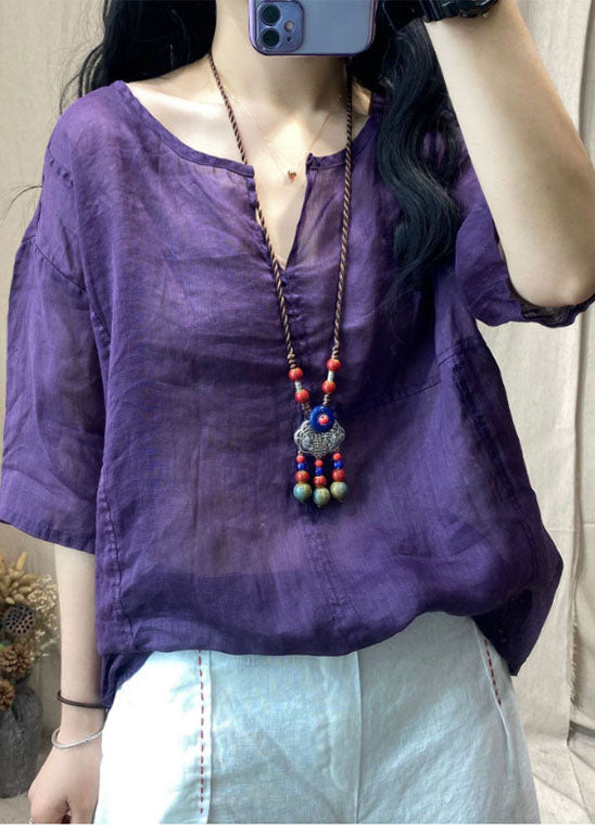 Purple V Neck Patchwork Linen Tops Short Sleeve