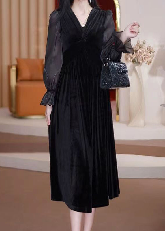 Purple V Neck Patchwork Wrinkled Silk Velour Long Dresses Long Sleeve
