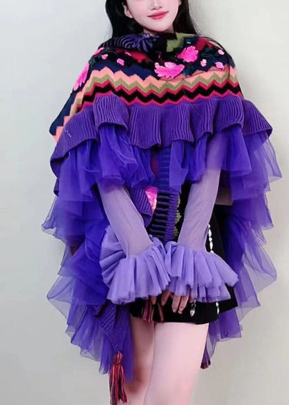 Purple V Neck Tulle Patchwork Embroidered Knit Cape Long Sleeve