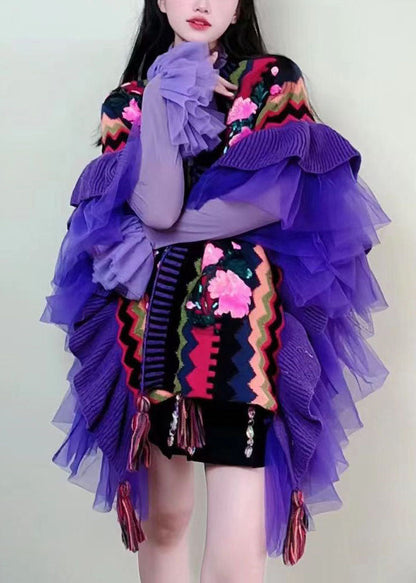 Purple V Neck Tulle Patchwork Embroidered Knit Cape Long Sleeve