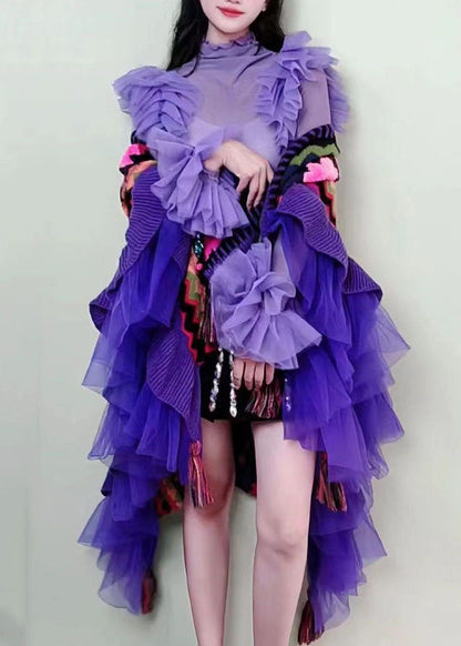 Purple V Neck Tulle Patchwork Embroidered Knit Cape Long Sleeve