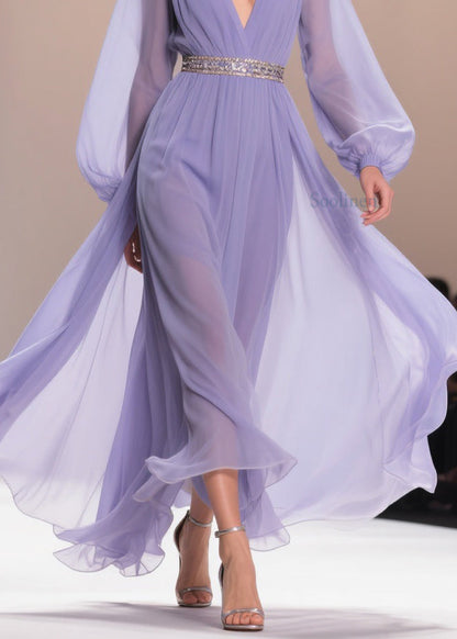 Purple V Neck Wrinkled Chiffon Exra Large Hem Dresses Spring