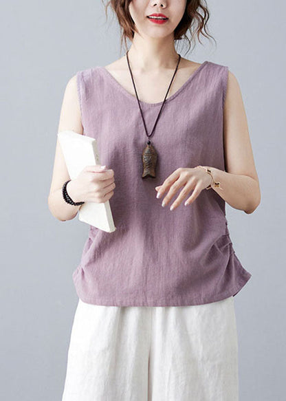 Purple V Neck Wrinkled Color Linen Vests Sleeveless