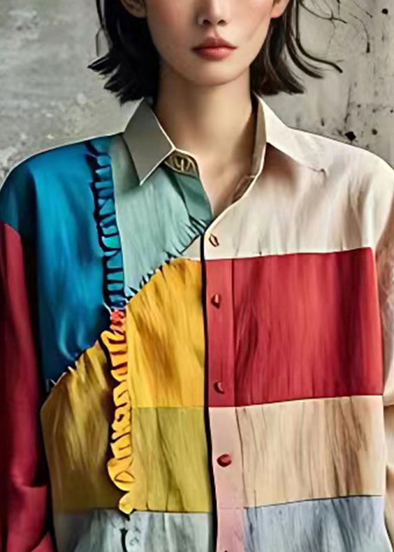 Rainbow Ruffled Patchwork Button Tops Long Sleeve