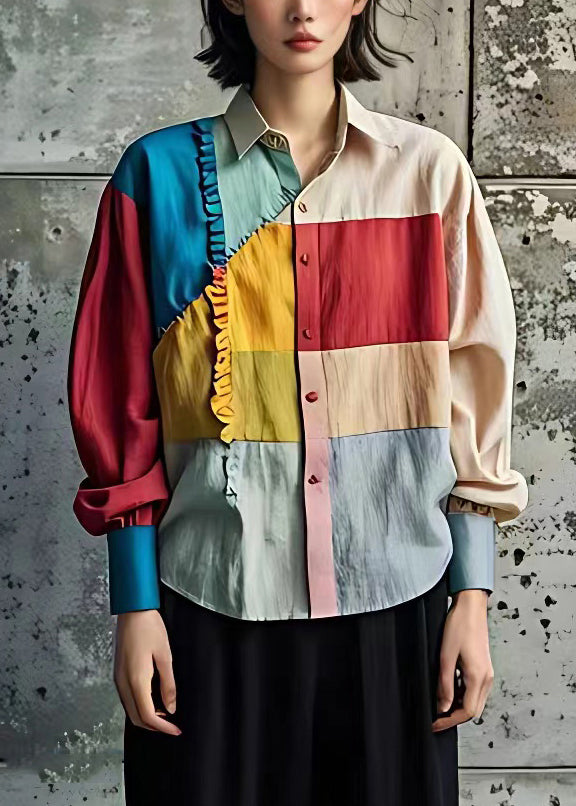 Rainbow Ruffled Patchwork Button Tops Long Sleeve