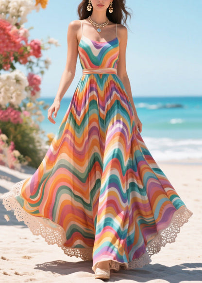 Rainbow Striped Exra Large Hem Chiffon Summer Dress