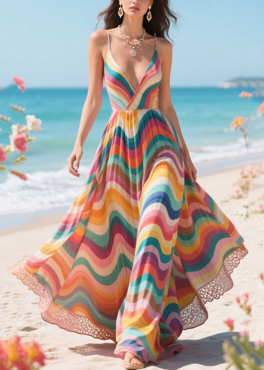 Rainbow Striped Exra Large Hem Chiffon Sundress Summer