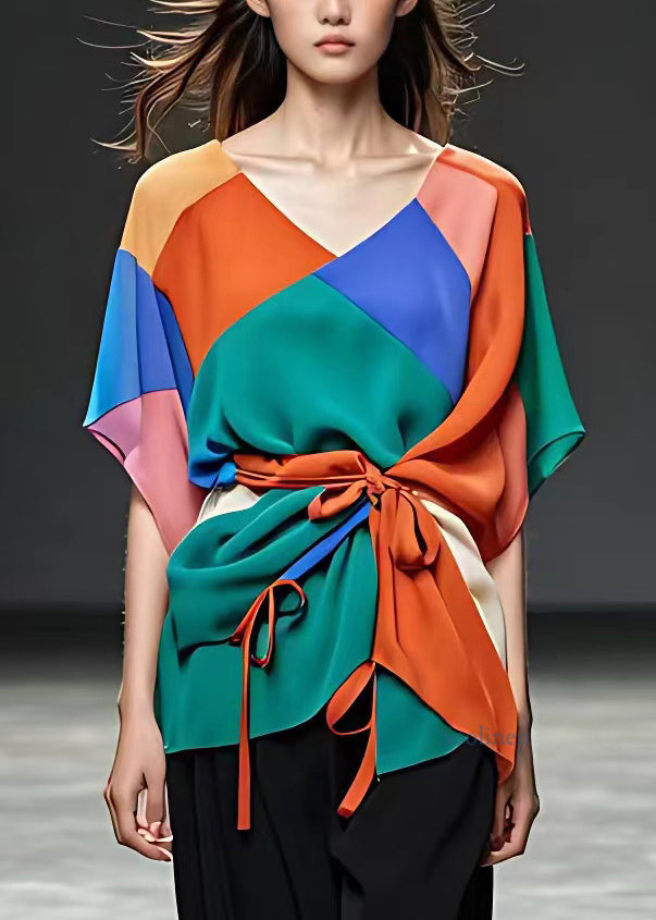Rainbow Tie Waist Chiffon Shirts Short Sleeve