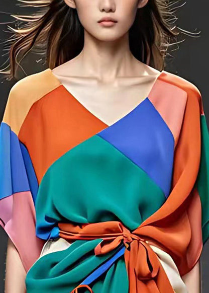 Rainbow Tie Waist Chiffon Shirts Short Sleeve