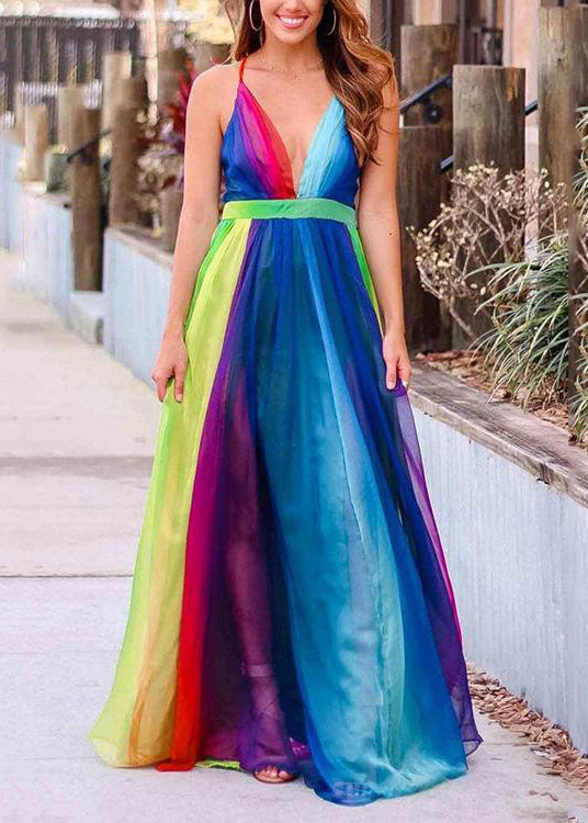Rainbow V Neck Backless Chiffon Spaghetti Strap Dress Sleeveless
