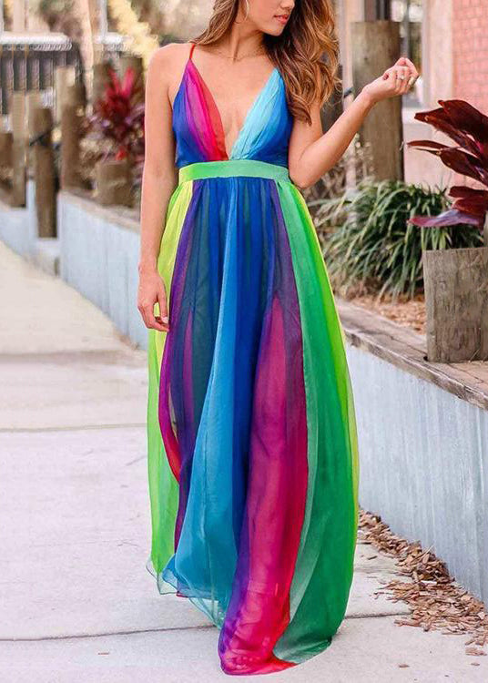 Rainbow V Neck Backless Chiffon Spaghetti Strap Dress Sleeveless