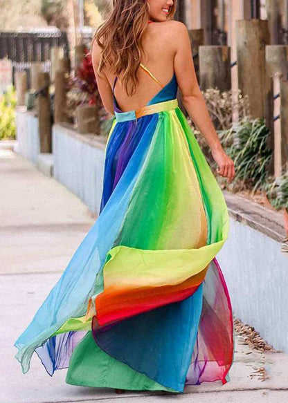 Rainbow V Neck Backless Chiffon Spaghetti Strap Dress Sleeveless