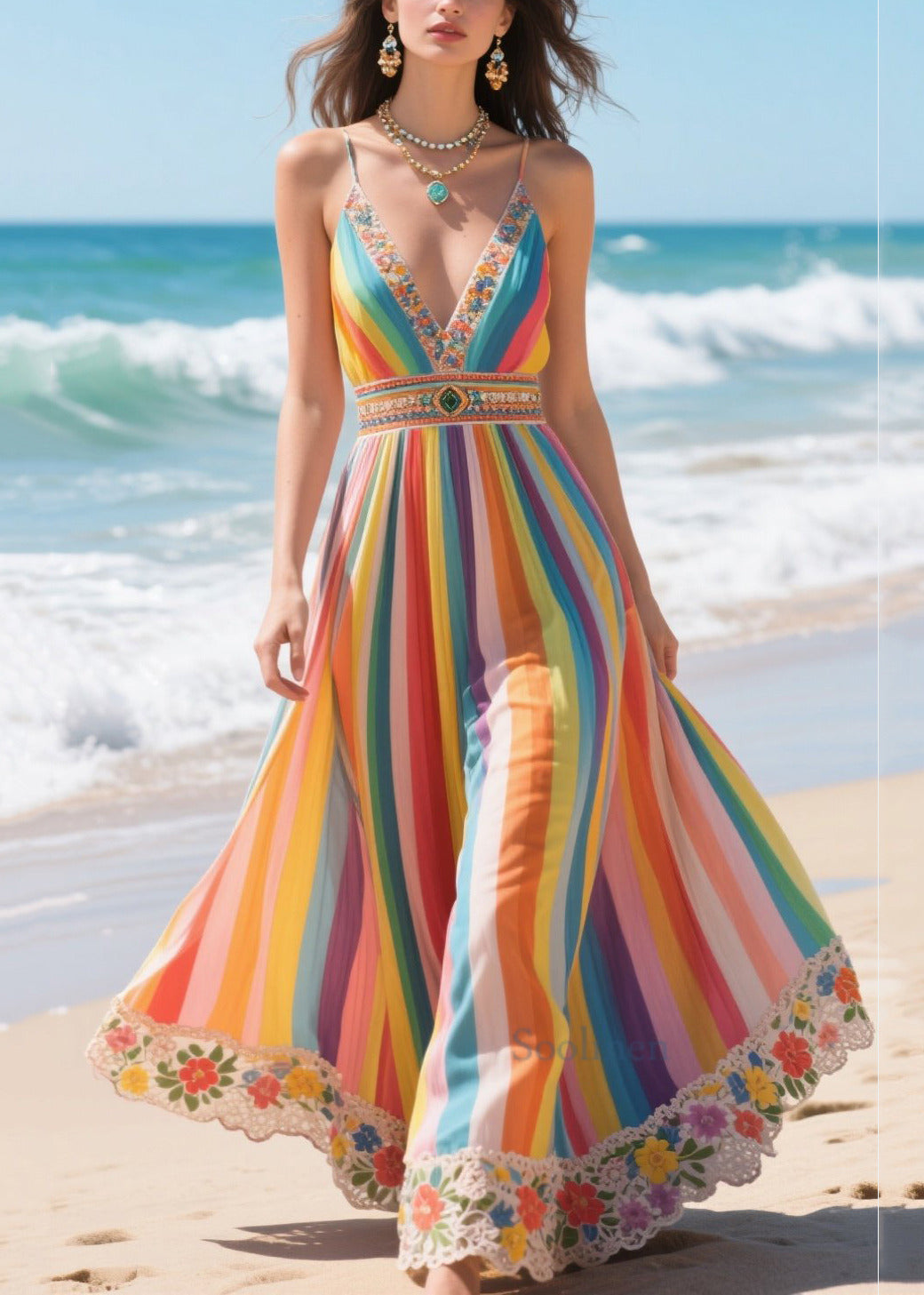 Rainbow V Neck Striped Chiffon Spaghetti Strap Dress Summer